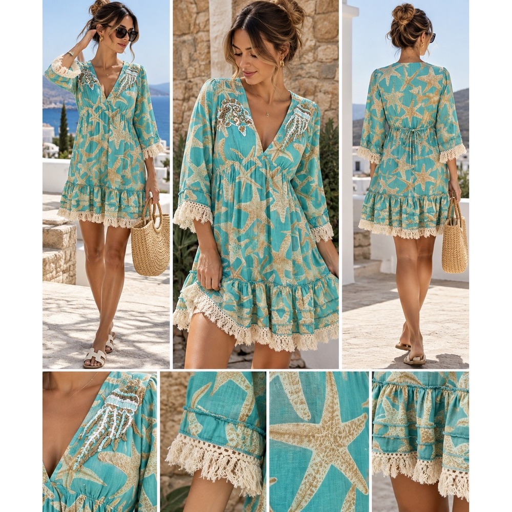 Antica Sartoria Starfish Beaded Fringe Mini Dress Aqua Blue S-365 Small